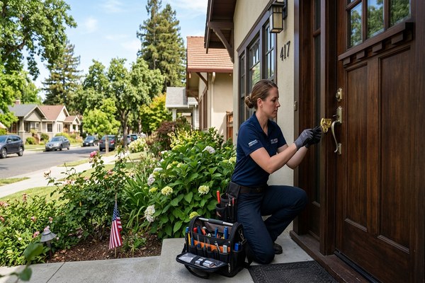 Residential locksmith installing deadbolt on Fremont home